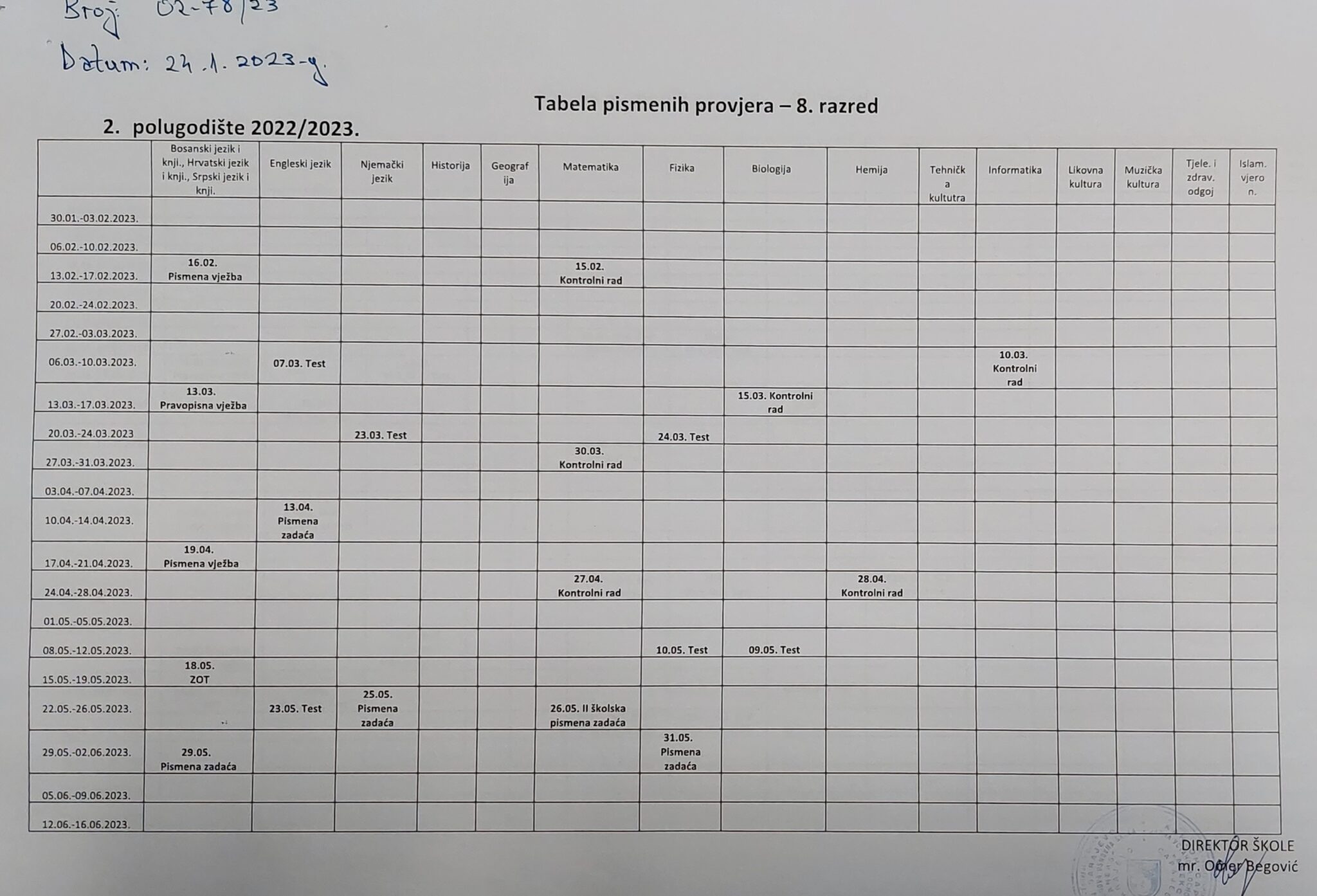 Plan pismenih provjera JU OŠ Aneks Sarajevo